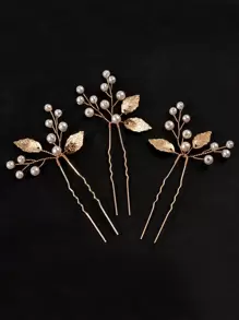 3pcs Pearl & Leaf Decor Elegant Hair Pin Boho Tiaras