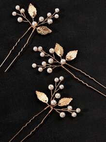 3pcs Pearl & Leaf Decor Elegant Hair Pin Boho Tiaras