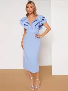 SHEIN Belle 深V領多層荷葉邊後背開衩連衣裙 - 淺藍色 - 查看 1