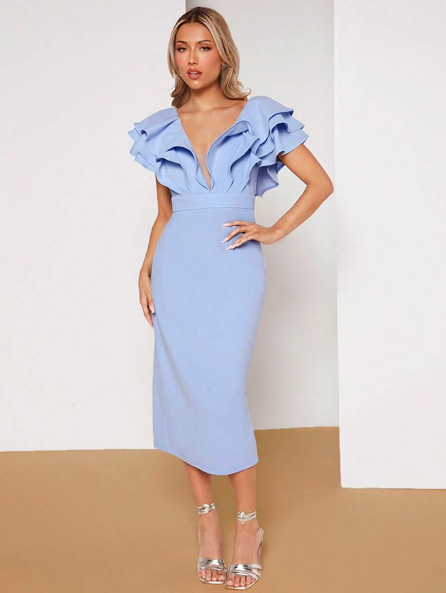 SHEIN Belle 深V領多層荷葉邊後背開衩連衣裙 - 淺藍色 - 查看 1