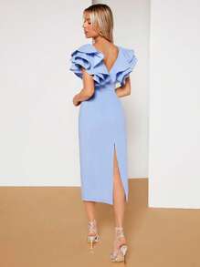 SHEIN Belle 深V領多層荷葉邊後背開衩連衣裙 - 淺藍色 - 查看 2