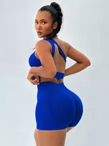 SHEIN Core Rhythm 单肩镂空运动套装健身女士套装 - 寶藍色 - 查看 5