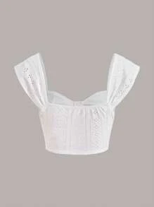 SHEIN MOD 雞心領口緊身上衣短款網眼刺繡上衣 - 白色 - 查看 2