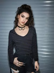 ROMWE Grunge Punk Áo thun nữ Sọc Giải trí - Nhiều màu - Xem 1