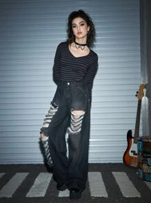 ROMWE Grunge Punk Áo thun nữ Sọc Giải trí - Nhiều màu - Xem 3