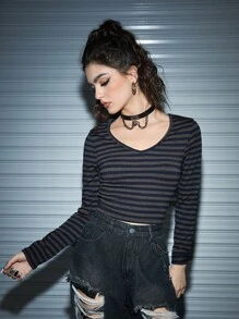 ROMWE Grunge Punk Áo thun nữ Sọc Giải trí - Nhiều màu - Xem 4