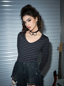 ROMWE Grunge Punk Áo thun nữ Sọc Giải trí - Nhiều màu - Xem 5