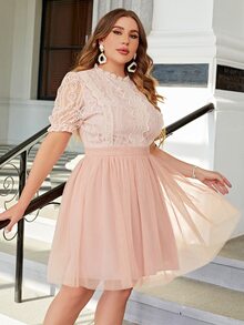 Simplee Đầm Plus Size Tương phản ren Dây kéo màu trơn Thanh lịch - Màu Hồng  San hô - Xem 4