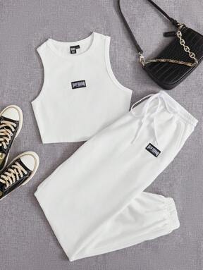 SHEIN EZwear 字母貼布背心上衣和腰部抽繩衛褲