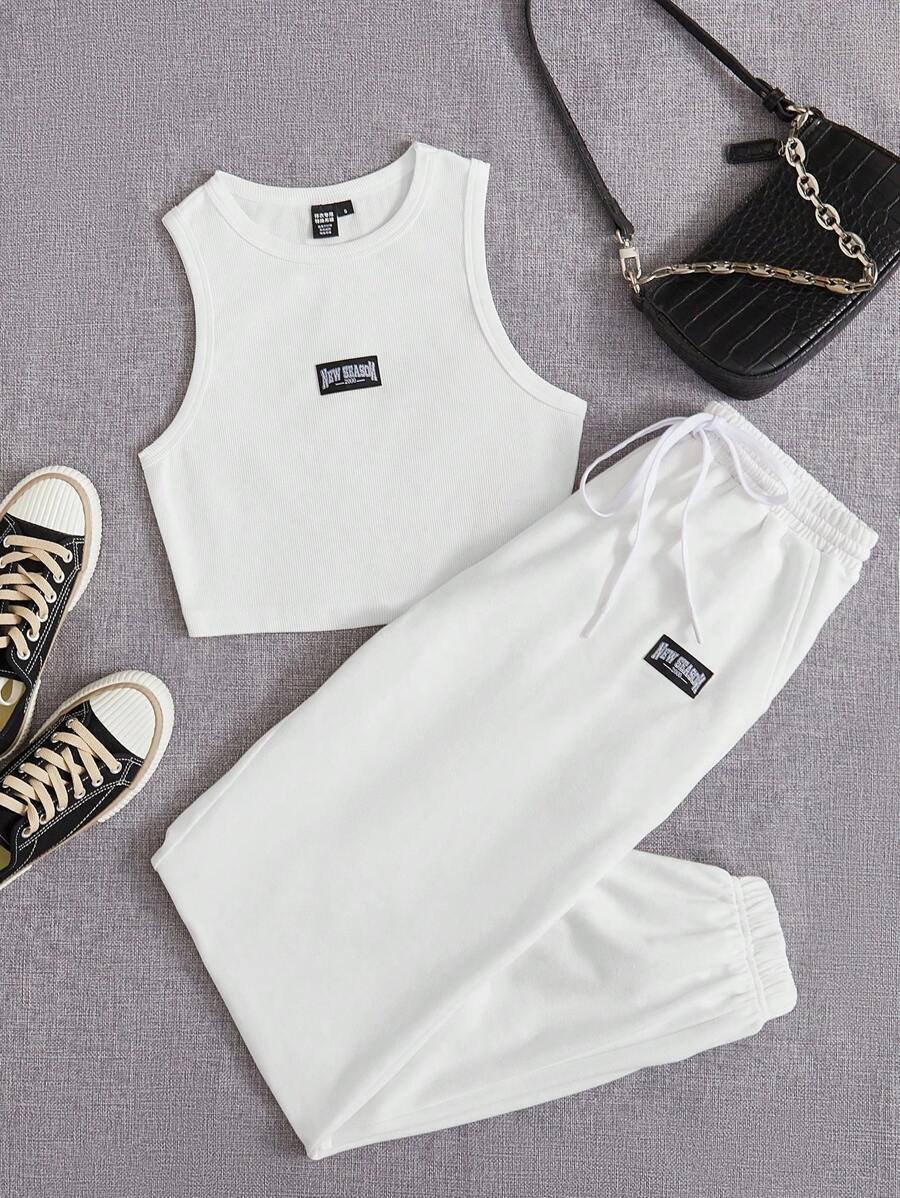 SHEIN EZwear 字母貼布背心上衣和腰部抽繩衛褲 - 白色 - 查看 1