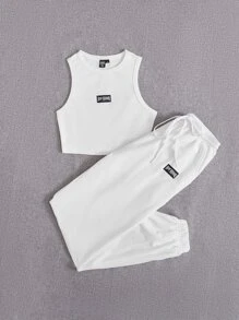 SHEIN EZwear 字母貼布背心上衣和腰部抽繩衛褲 - 白色 - 查看 3