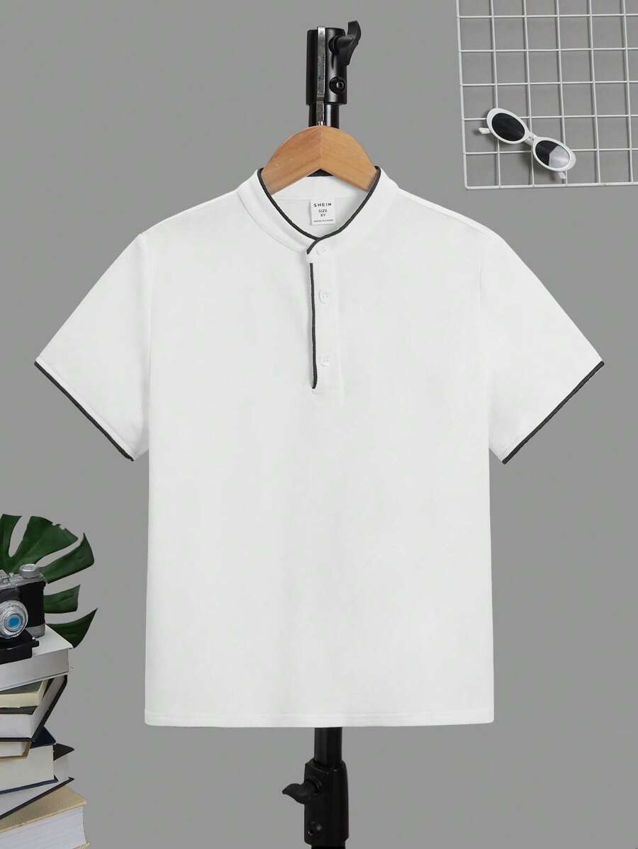 SHEIN Boys Contrast Binding Half Button Polo Shirt - White - View 1