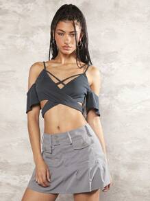 SHEIN ICON 挖肩前交叉短款上衣 - 深灰色 - 查看 3