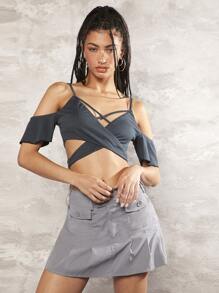 SHEIN ICON 挖肩前交叉短款上衣 - 深灰色 - 查看 1
