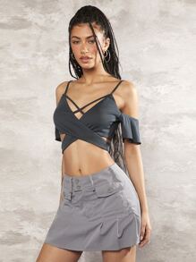 SHEIN ICON 挖肩前交叉短款上衣 - 深灰色 - 查看 4