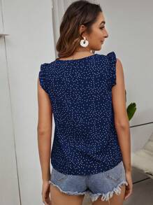 SHEIN Clasi Polka Dot Ruffle Trim Blouse - Blue and White - View 2