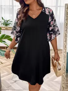 SHEIN LUNE Đầm Plus Size Xù Hoa Giải trí - màu đen - Xem 1