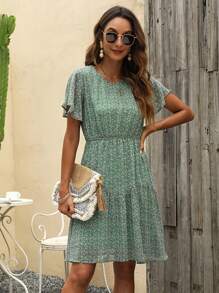 Ditsy Floral Print Butterfly Sleeve Ruffle Hem Dress