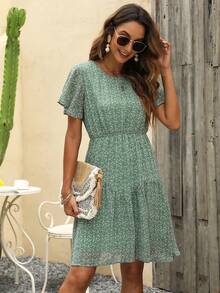 Ditsy Floral Print Butterfly Sleeve Ruffle Hem Dress