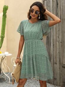 Ditsy Floral Print Butterfly Sleeve Ruffle Hem Dress