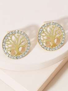 1pair Glamorous Zinc Alloy Rhinestone & Tree Decor Round Stud Earrings For Women For Daily Decoration - Gold - View 1