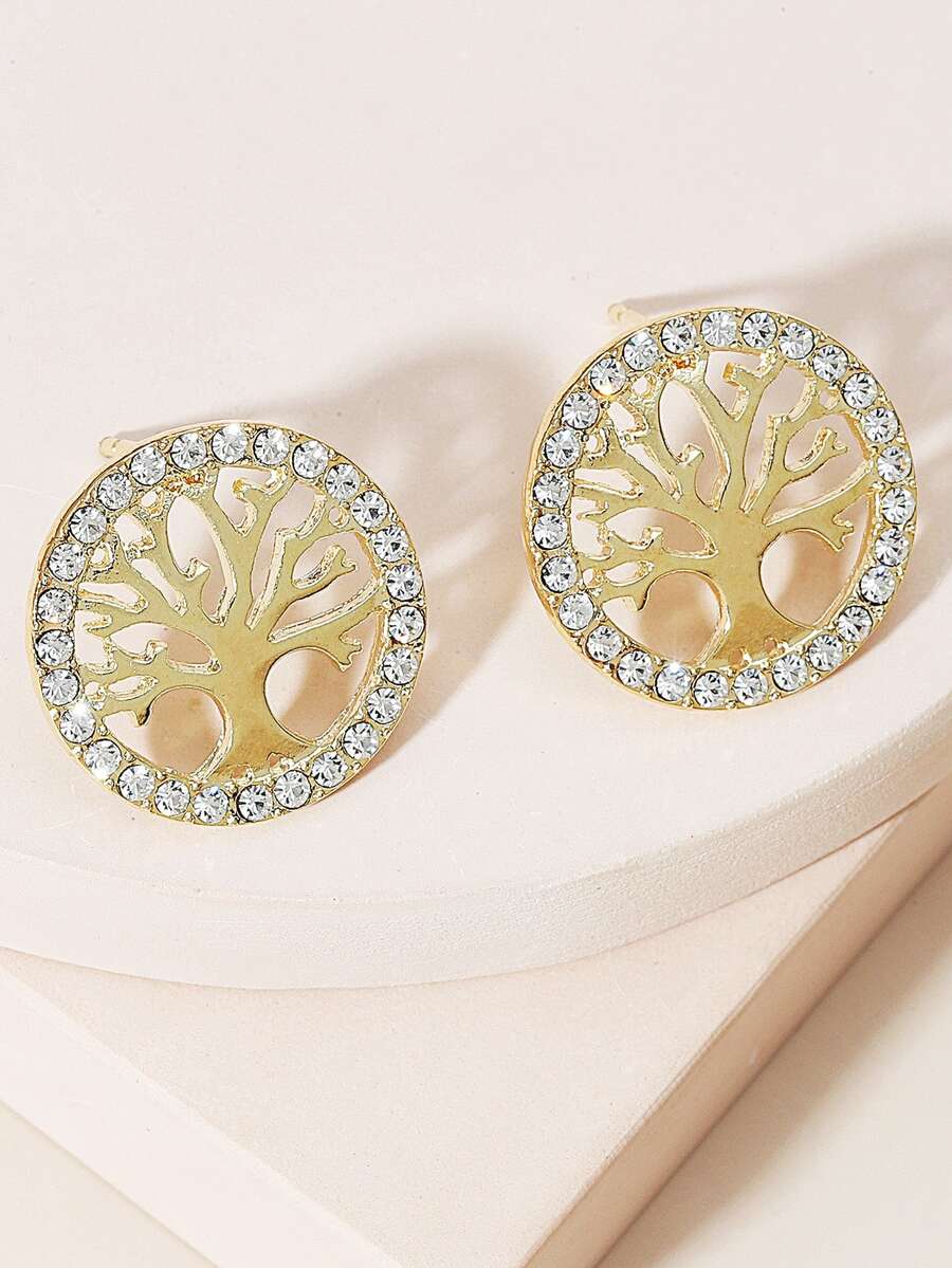 1pair Glamorous Zinc Alloy Rhinestone & Tree Decor Round Stud Earrings For Women For Daily Decoration - Gold - View 1