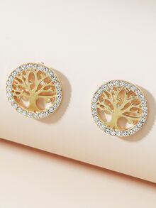 1pair Glamorous Zinc Alloy Rhinestone & Tree Decor Round Stud Earrings For Women For Daily Decoration - Gold - View 2