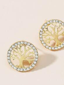 1pair Glamorous Zinc Alloy Rhinestone & Tree Decor Round Stud Earrings For Women For Daily Decoration - Gold - View 3