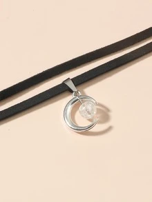 1入組時尚鋅合金月亮和珠子墜飾頸鏈適合女士日常裝飾 - 黑色 - 查看 4