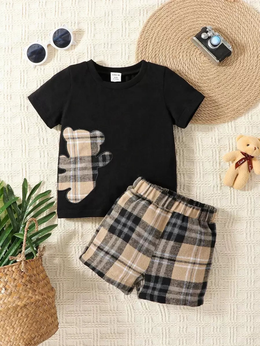 Souflis Souflis Áo thun in hình gấu và quần short kẻ caro cho bé trai, dành cho Giáng sinh - Nhiều màu - Xem 1