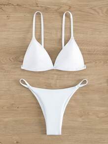 SHEIN Swim 夏季沙灘純色三角比基尼套裝 - 白色 - 查看 1