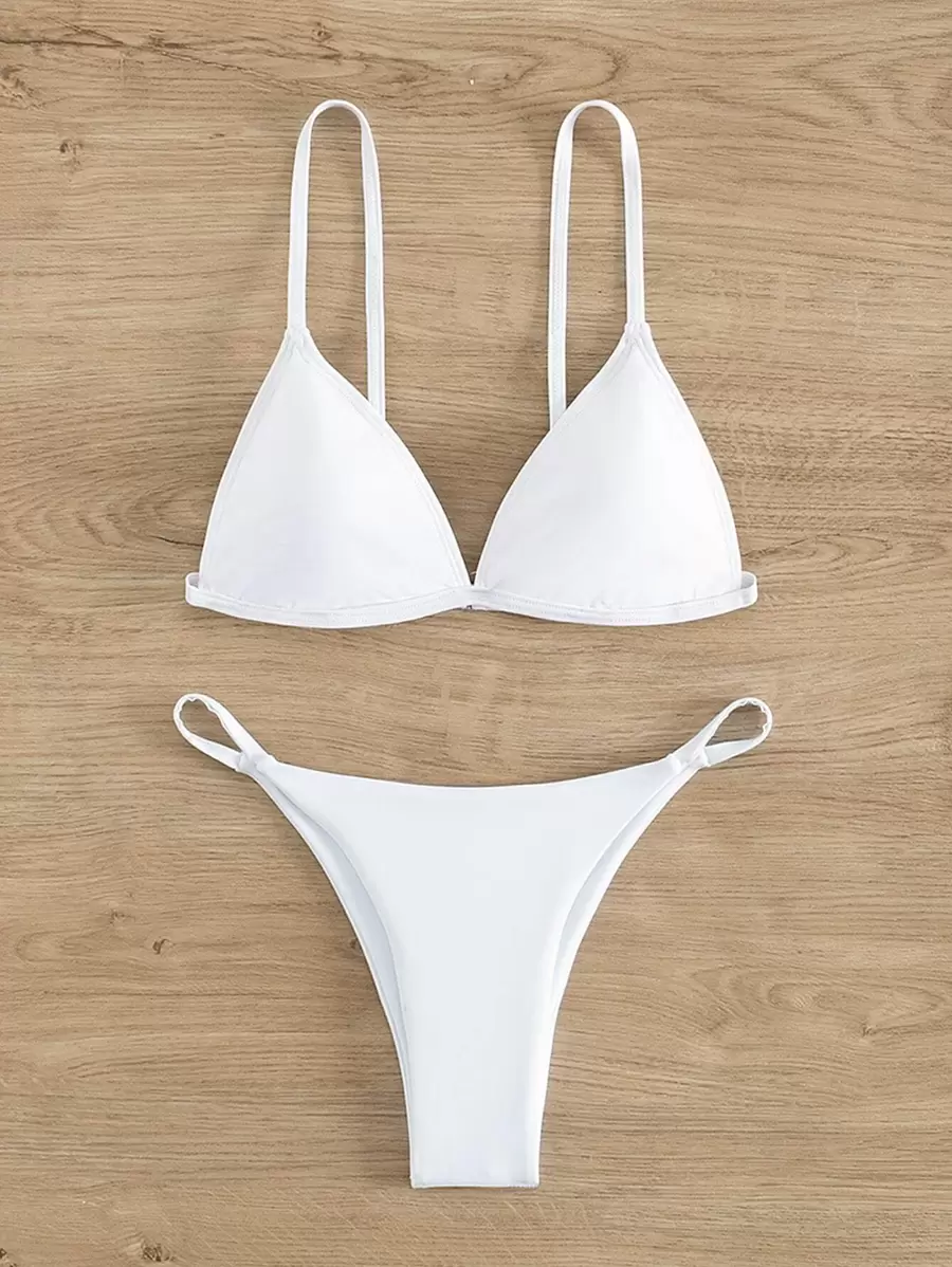 SHEIN Swim 夏季沙灘純色三角比基尼套裝 - 白色 - 查看 1