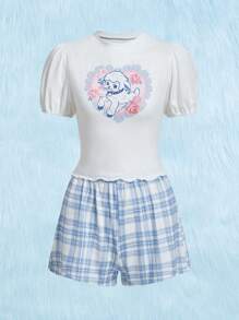 ROMWE Kawaii Conjunto de pijama con estampado de dibujos animados de cuadros - Azul y blanco - Ver 1