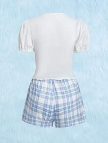 ROMWE Kawaii Conjunto de pijama con estampado de dibujos animados de cuadros - Azul y blanco - Ver 2