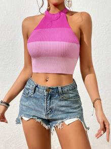 SHEIN VCAY 撞色短款吊脖針織上衣 - 粉色 - 查看 4