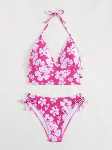SHEIN Swim 夏季海滩花卉印花吊带侧系带比基尼套装 - 玫紅色 - 查看 3