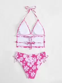 SHEIN Swim 夏季海滩花卉印花吊带侧系带比基尼套装 - 玫紅色 - 查看 7