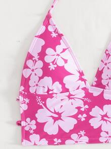 SHEIN Swim 夏季海滩花卉印花吊带侧系带比基尼套装 - 玫紅色 - 查看 6