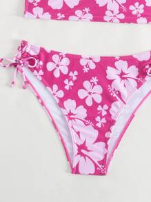 SHEIN Swim 夏季海滩花卉印花吊带侧系带比基尼套装 - 玫紅色 - 查看 5