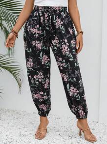 SHEIN LUNE Quần Plus Size Thắt nút Hoa Tất cả trên in Boho - màu đen - Xem 1