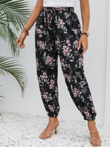 SHEIN LUNE Quần Plus Size Thắt nút Hoa Tất cả trên in Boho - màu đen - Xem 4