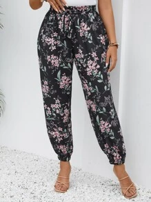 SHEIN LUNE Quần Plus Size Thắt nút Hoa Tất cả trên in Boho - màu đen - Xem 5