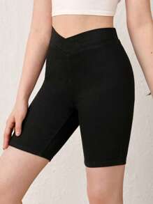 SHEIN 青少年女孩腰部交疊牛仔短褲 - 黑色 - 查看 1