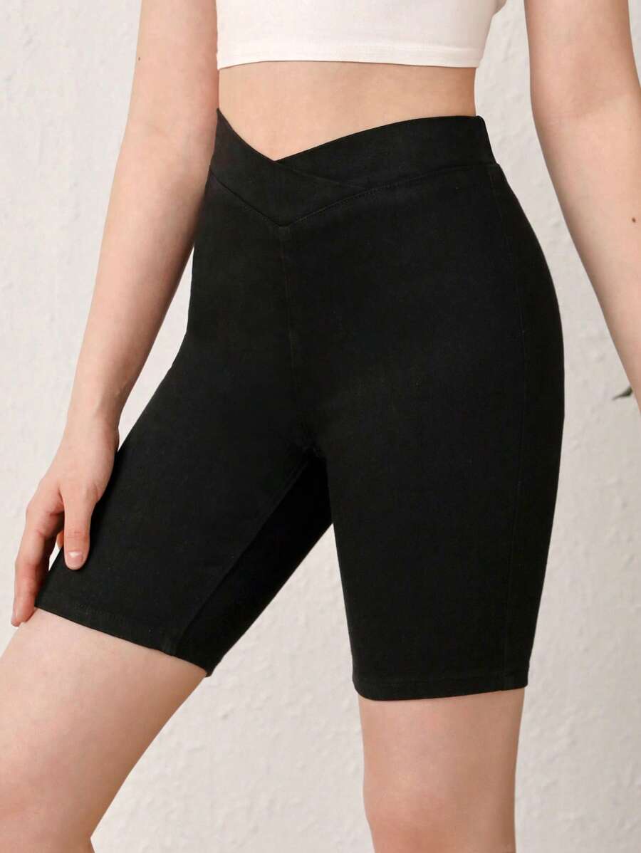 SHEIN 青少年女孩腰部交疊牛仔短褲 - 黑色 - 查看 1