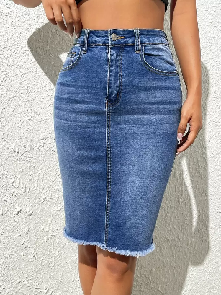 SHEIN Essnce High Waist Raw Hem Denim Skirt - Medium Wash - View 3
