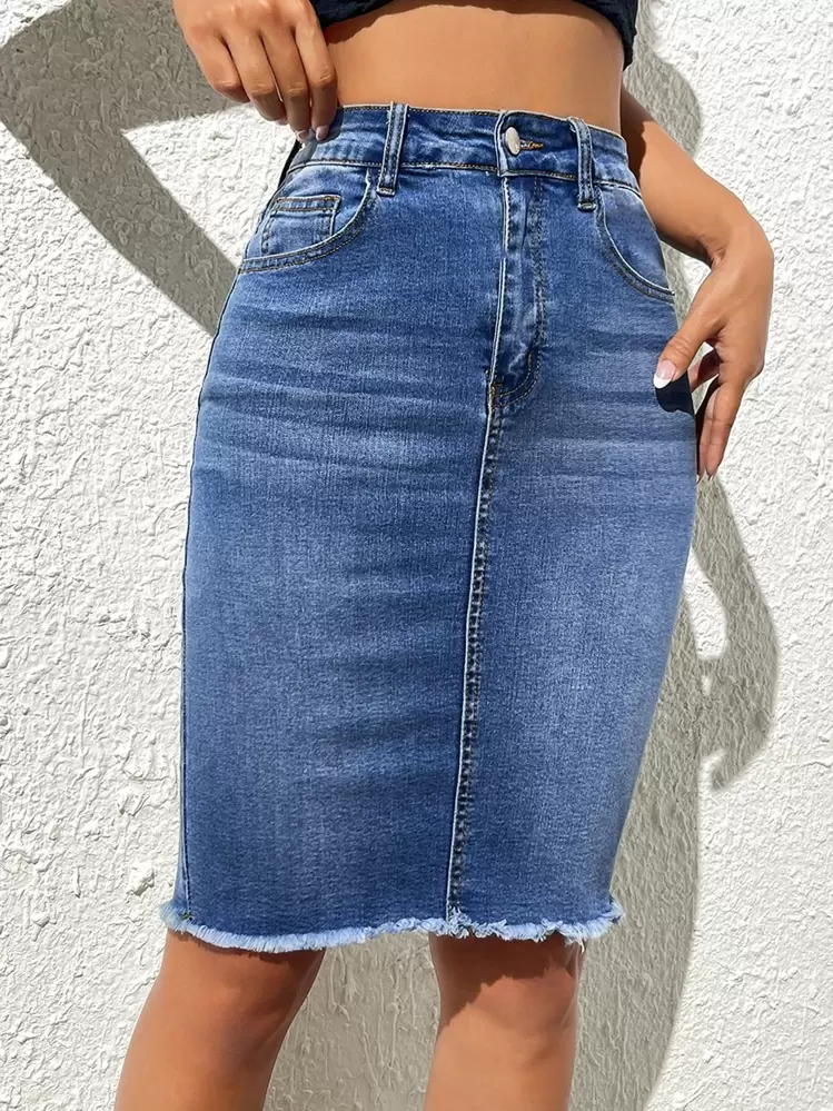 SHEIN Essnce High Waist Raw Hem Denim Skirt - Medium Wash - View 4
