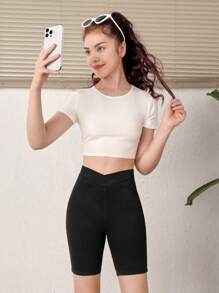 SHEIN 青少年女孩腰部交疊牛仔短褲 - 黑色 - 查看 3