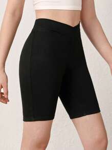 SHEIN 青少年女孩腰部交疊牛仔短褲 - 黑色 - 查看 5