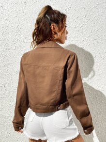 SHEIN EZwear 翻蓋口袋短款牛仔夾克 - 咖啡棕 - 查看 2