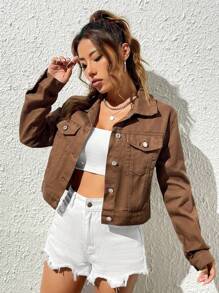 SHEIN EZwear 翻蓋口袋短款牛仔夾克 - 咖啡棕 - 查看 3